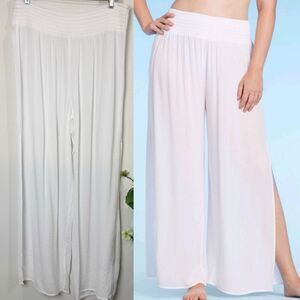 Shade & Shore White Smocked Waist Side Slit Cover-Up Pants | Large | Swim